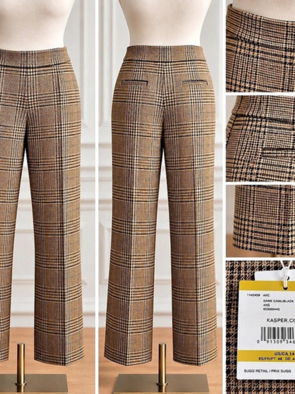Kasper Plaid Straight Leg Dress Pants Dark Camel Black Size 14 NWT